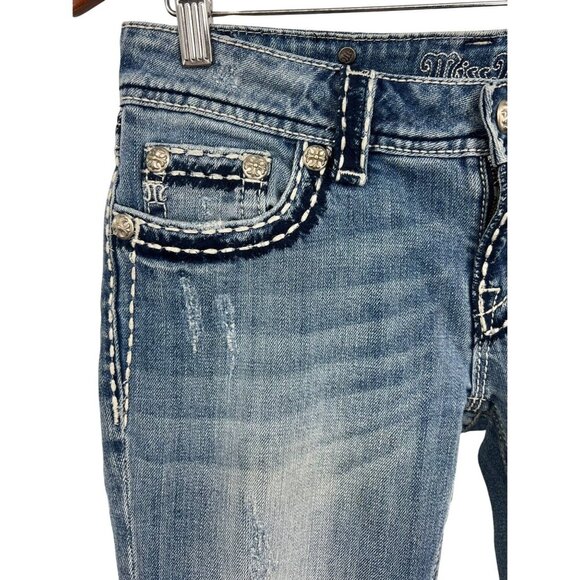 Miss Me Womens Boot Cut Jeans Size 28 Distressed Jewel Stretch Denim Y2K EUC - Picture 3 of 12